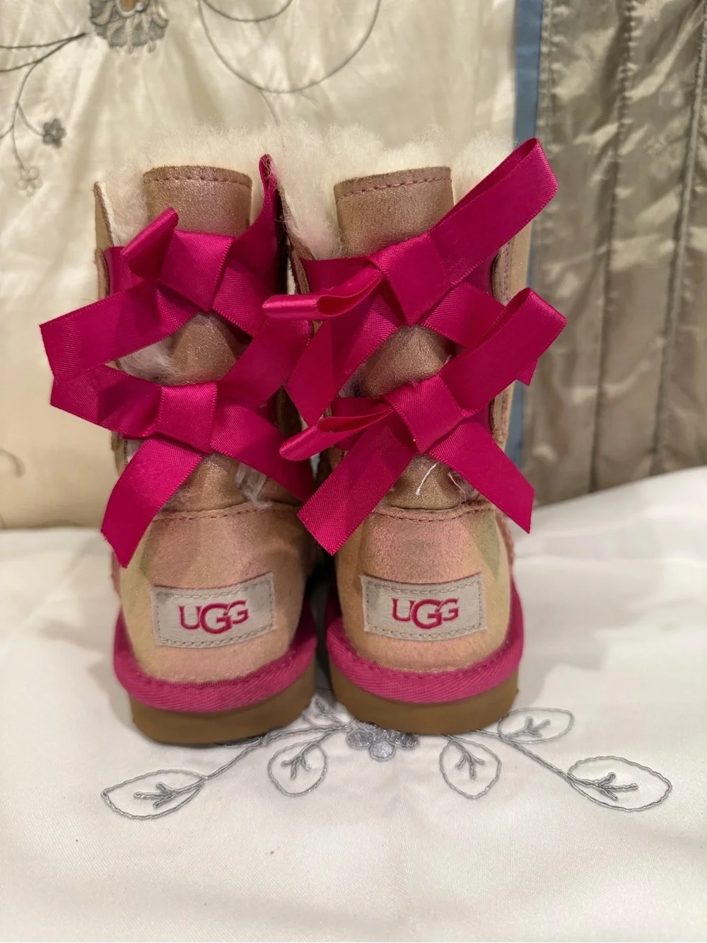 UGG Pink Trim Tan Shearling Kids Boots